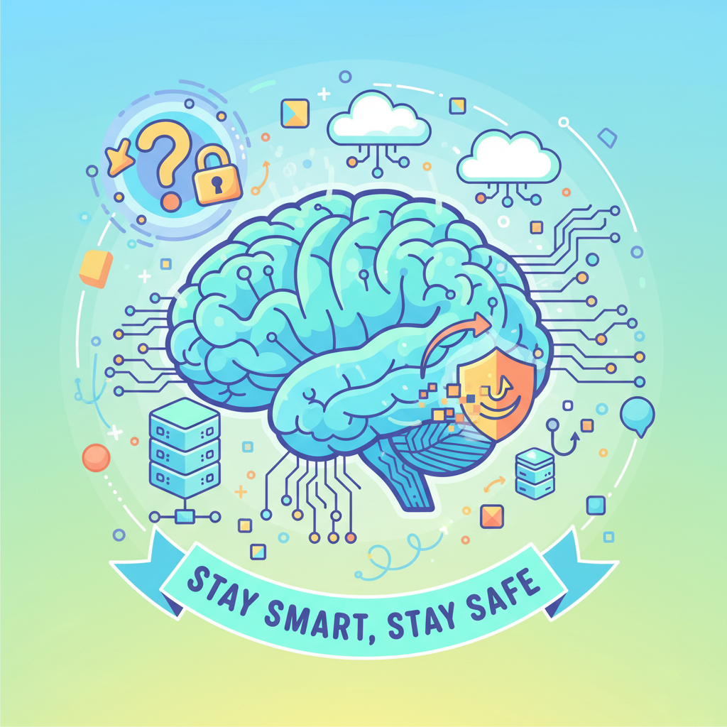 An illustration featuring a brain, computer/technology elements, and subtle scam warning symbols—designed to look friendly, informative, and approachable, avoiding scary or alarming imagery. No skeletons or stop icons. Bright and welcoming colors.